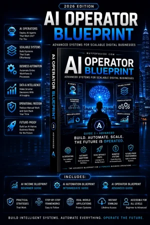 AI Operator Blueprint premium ebook cover featuring a futuristic AI command center with automation dashboards, scalable business systems, autonomous workflows, data intelligence panels and enterprise AI infrastructure for advanced digital business operations.