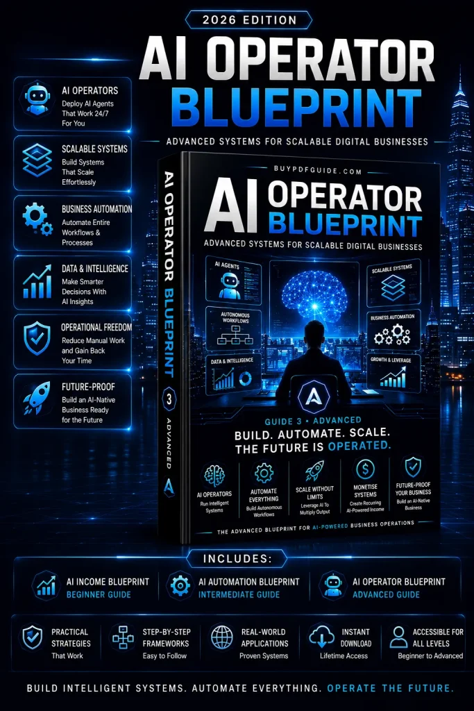 AI Operator Blueprint premium ebook cover featuring a futuristic AI command center with automation dashboards, scalable business systems, autonomous workflows, data intelligence panels and enterprise AI infrastructure for advanced digital business operations.