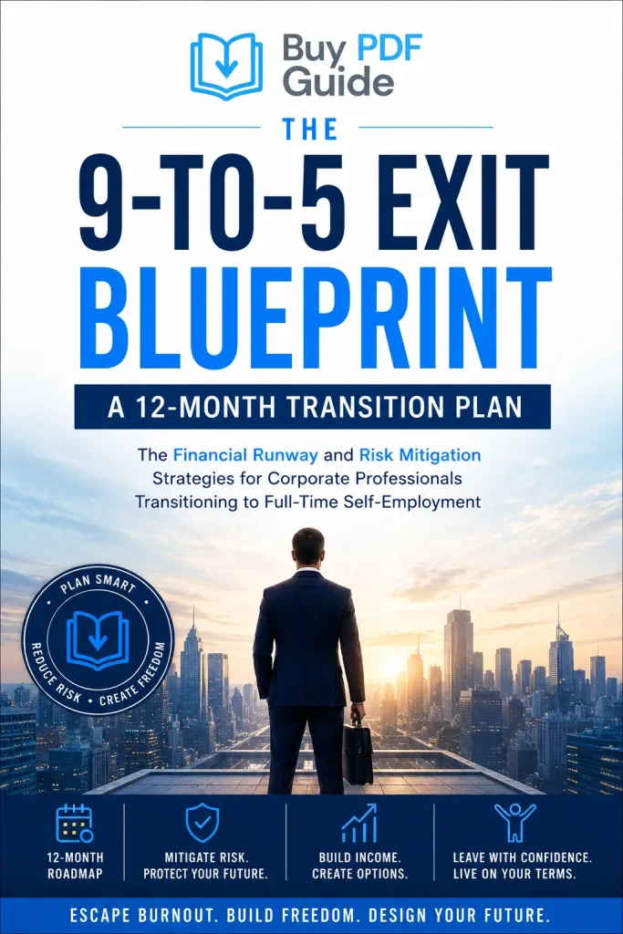 The 9-to-5 Exit Blueprint digital workbook cover featuring a businessman overlooking a city skyline with bold blue typography and a 12-month transition plan for escaping burnout and building financial freedom.