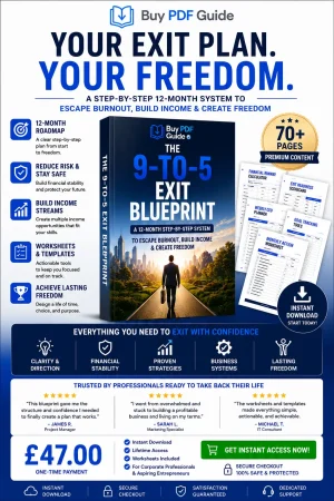 Promotional graphic for The 9-to-5 Exit Blueprint showing a 3D ebook mockup, worksheets, productivity tools, and benefits for professionals wanting to leave their 9-to-5 and build income streams.