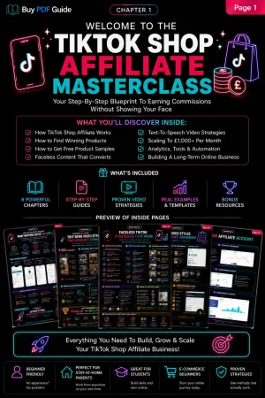 TikTok Shop Affiliate Masterclass PDF guide preview with faceless TikTok Shop affiliate marketing strategies, product samples, content creation methods and business growth training.