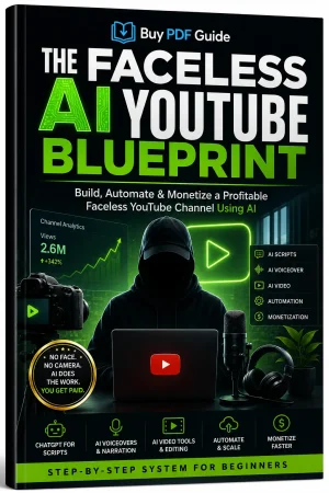The Faceless AI YouTube Blueprint PDF guide cover for building and monetizing a faceless YouTube channel with AI