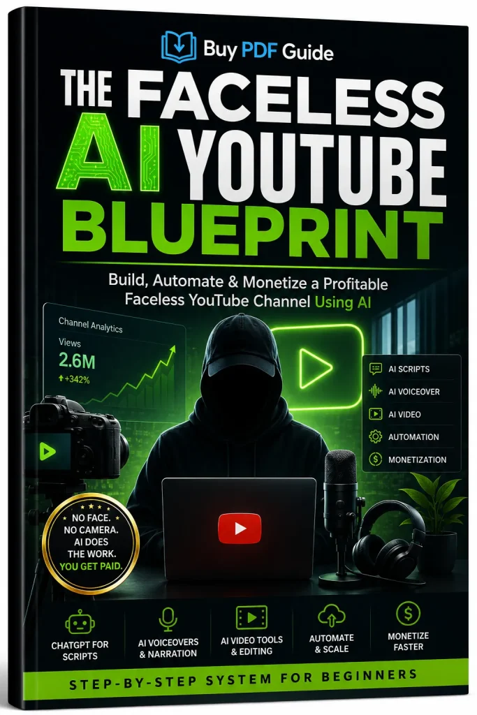 The Faceless AI YouTube Blueprint PDF guide cover for building and monetizing a faceless YouTube channel with AI