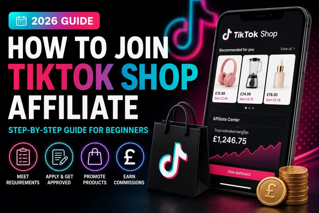 How to Join TikTok Shop Affiliate in 2026 step-by-step guide showing TikTok Shop affiliate approval process, product promotion and commission earning opportunities.