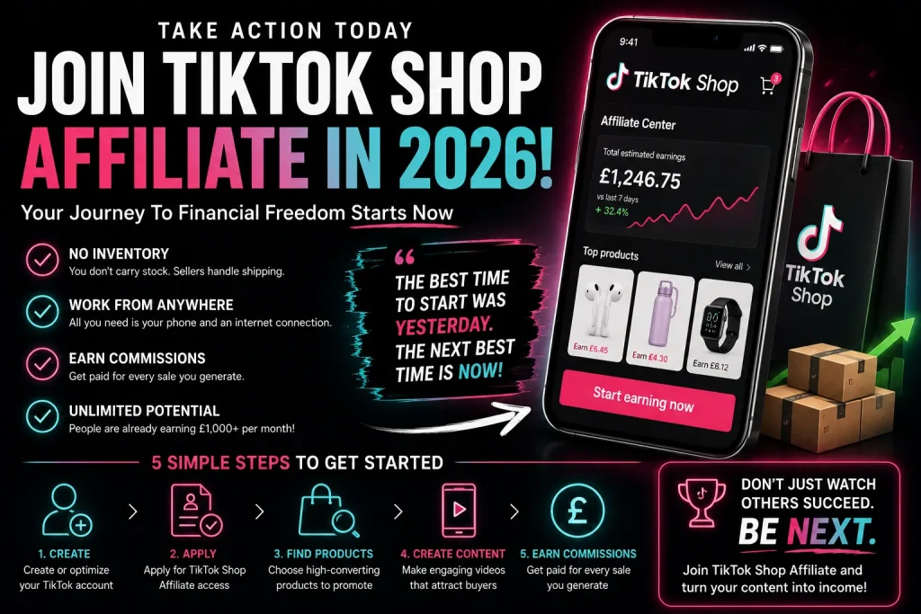 Join TikTok Shop Affiliate in 2026 and start earning commissions with product promotion, affiliate marketing and TikTok Shop opportunities for beginners.