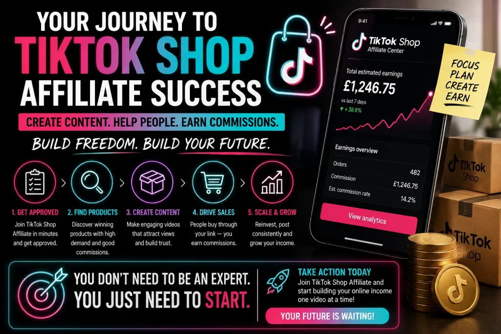 TikTok Shop Affiliate success roadmap showing how to join TikTok Shop Affiliate, find products, create content, earn commissions and grow an online income.