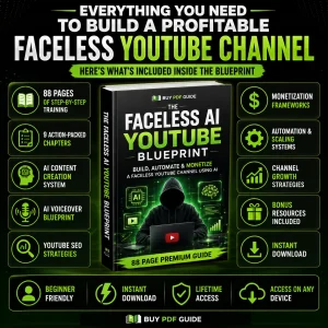 Everything Included Inside The Faceless AI YouTube Blueprint The Faceless AI YouTube Blueprint product image showing 88 pages of step-by-step training, AI video creation, YouTube SEO, monetization frameworks, and automation systems.