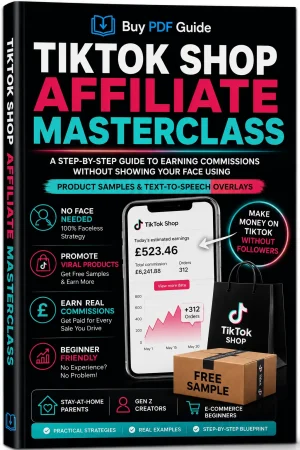 TikTok Shop Affiliate Masterclass PDF guide cover showing faceless TikTok Shop affiliate marketing strategies, free product samples and commission earning methods.
