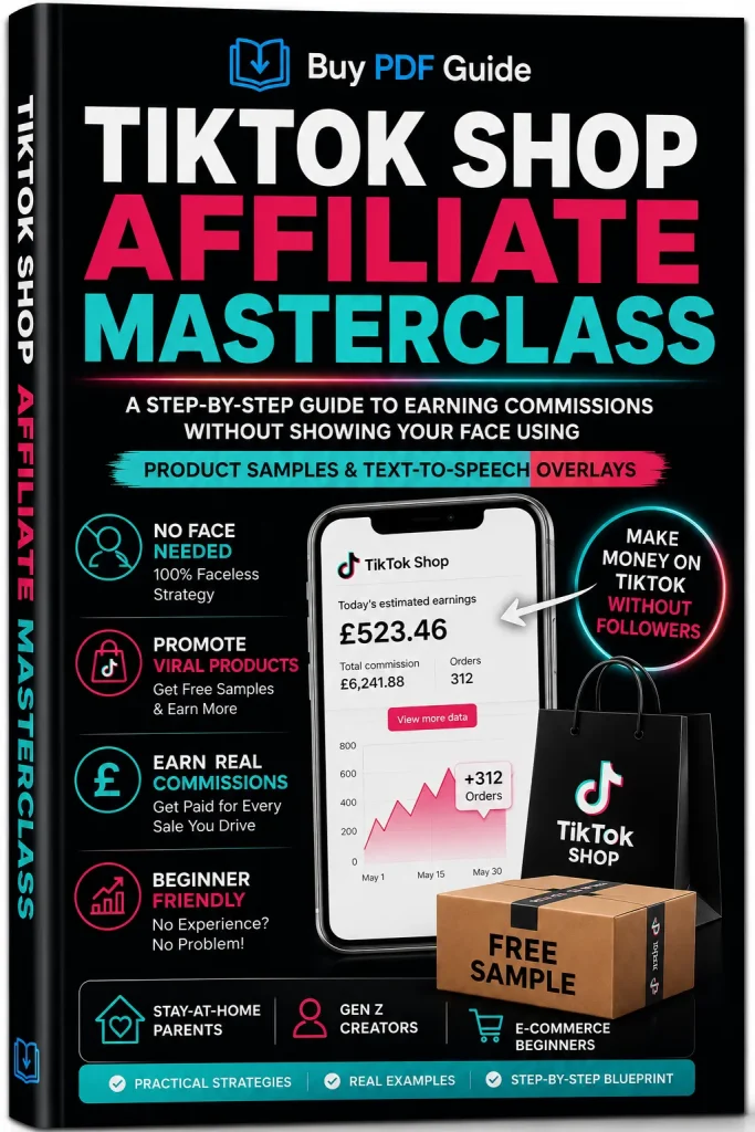 TikTok Shop Affiliate Masterclass PDF guide cover showing faceless TikTok Shop affiliate marketing strategies, free product samples and commission earning methods.